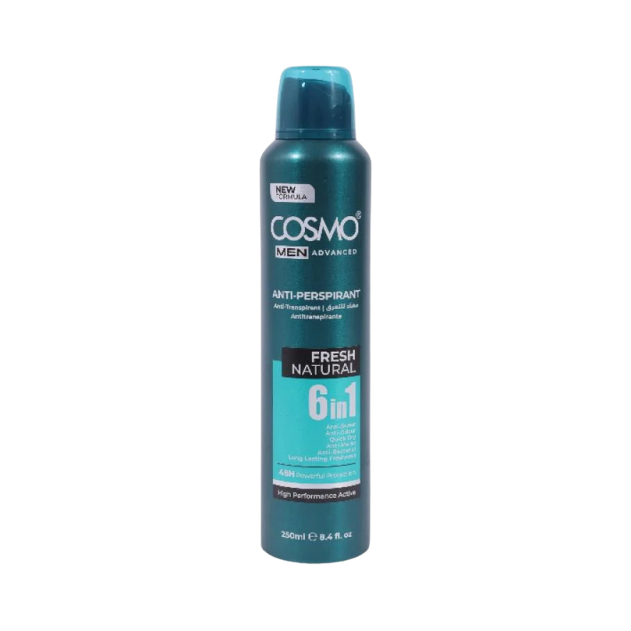 COSMO Men Advanced Fresh Natural anti-perspirant spray 6 in 1 250ml teal aerosol can