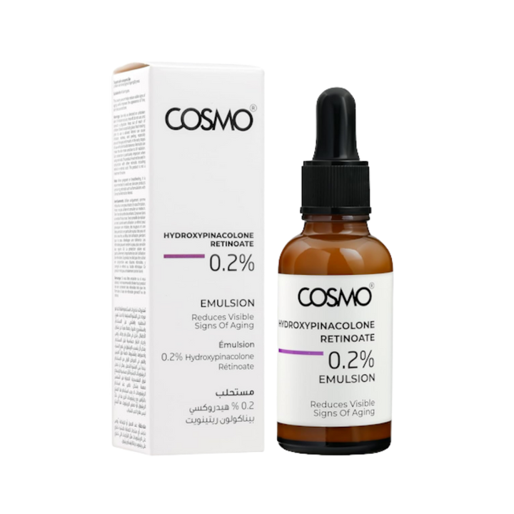COSMO Hydroxypinacolone Retinoate Emulsion 0.2% 30ml bottle with white box and amber dropper