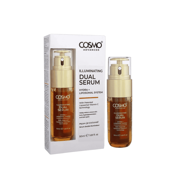 Cosmo Advanced Illuminating Dual Serum 50ml amber pump bottle with white box packaging