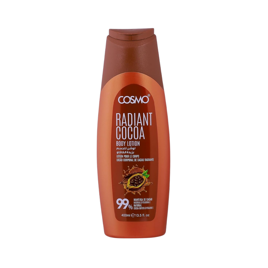 Cosmo Radiant Cocoa Body Lotion 400ml, brown bottle with cocoa butter and vitamin E, 99% natural formula