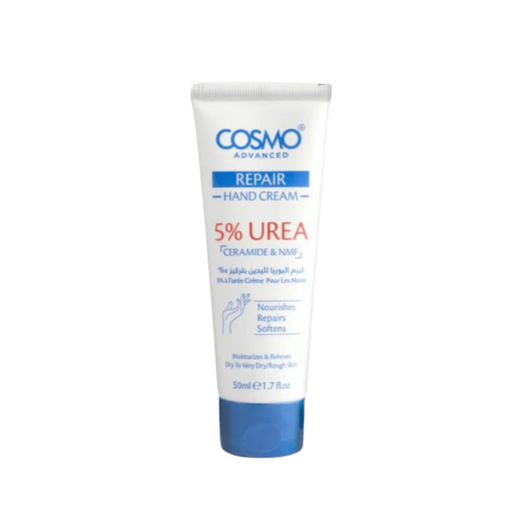 Cosmo Advanced Repair Hand Cream, 50ml, with 5% urea, ceramide, and NMF, designed to moisturize, repair, and soften dry to very dry skin.