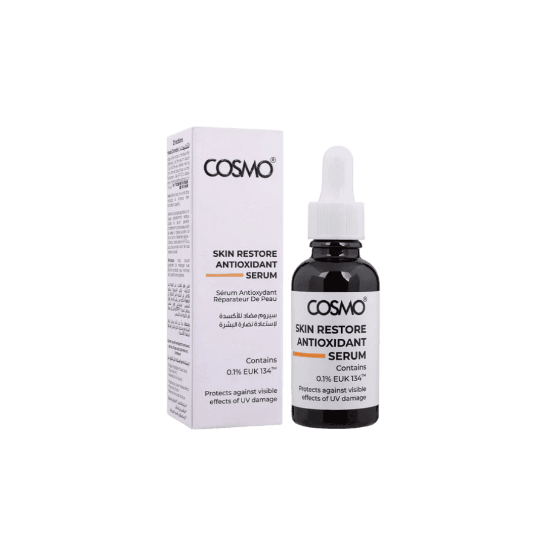 COSMO Skin Restore Antioxidant Serum, amber dropper bottle with white box and orange accents