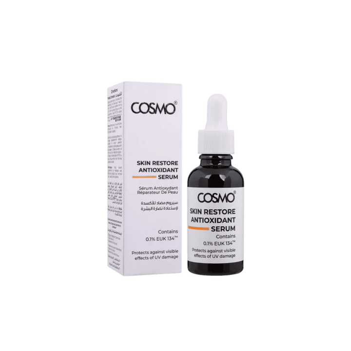 COSMO Skin Restore Antioxidant Serum, amber dropper bottle with white box and orange accents