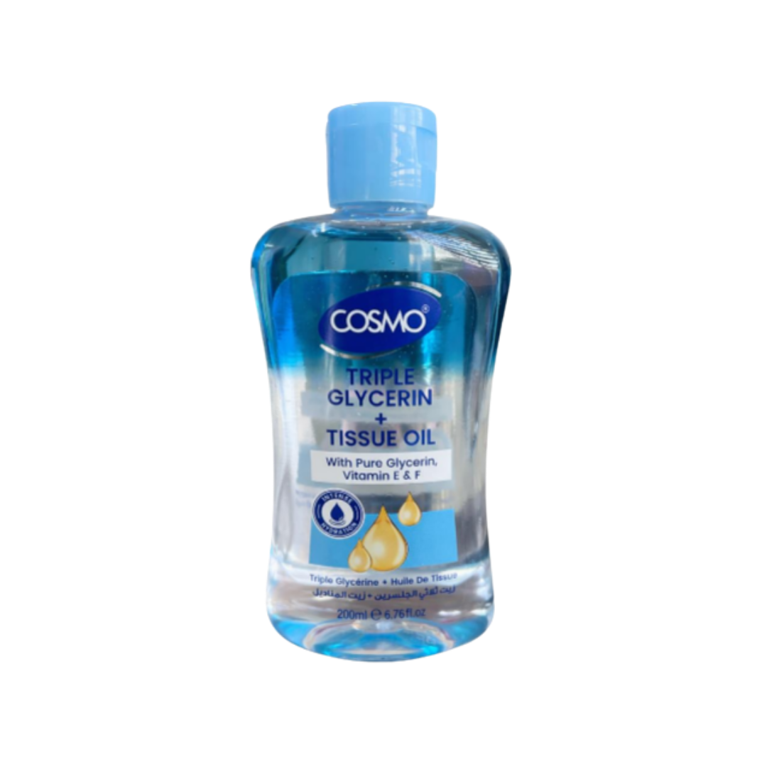 Cosmo Triple Glycerin + Tissue Oil 200ml clear blue bottle with flip-top cap