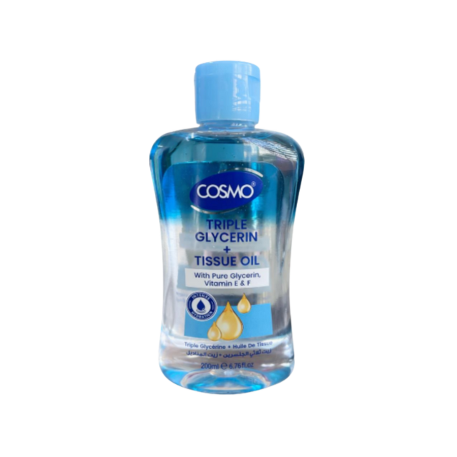 Cosmo Triple Glycerin + Tissue Oil 200ml clear blue bottle with flip-top cap