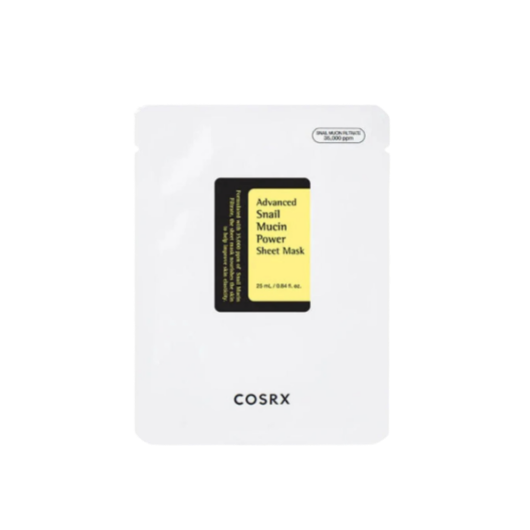 COSRX Advanced Snail Mucin Power Sheet Mask 25ml single sheet mask in white packaging with black and yellow label.