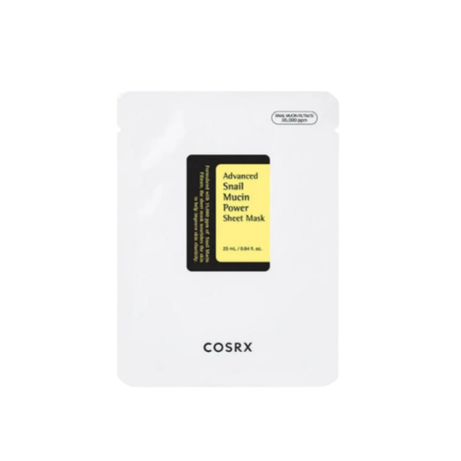 COSRX Advanced Snail Mucin Power Sheet Mask 25ml single sheet mask in white packaging with black and yellow label.
