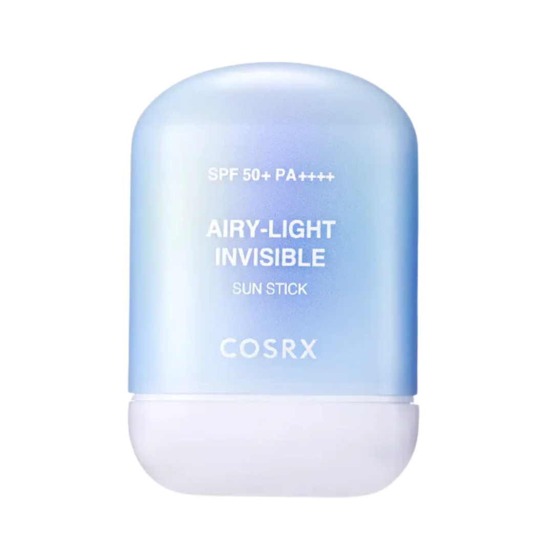 COSRX Airy-Light Invisible Sun Stick, SPF 50+ PA++++, with a blue and white twist-up stick packaging.
