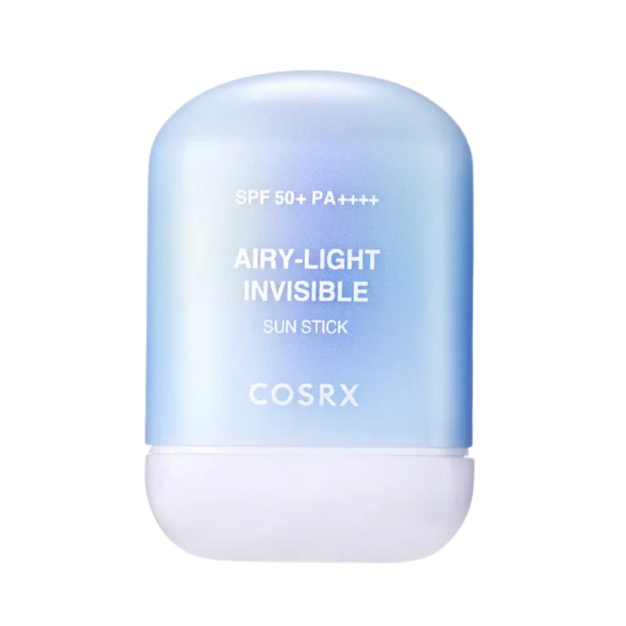 COSRX Airy-Light Invisible Sun Stick, SPF 50+ PA++++, with a blue and white twist-up stick packaging.
