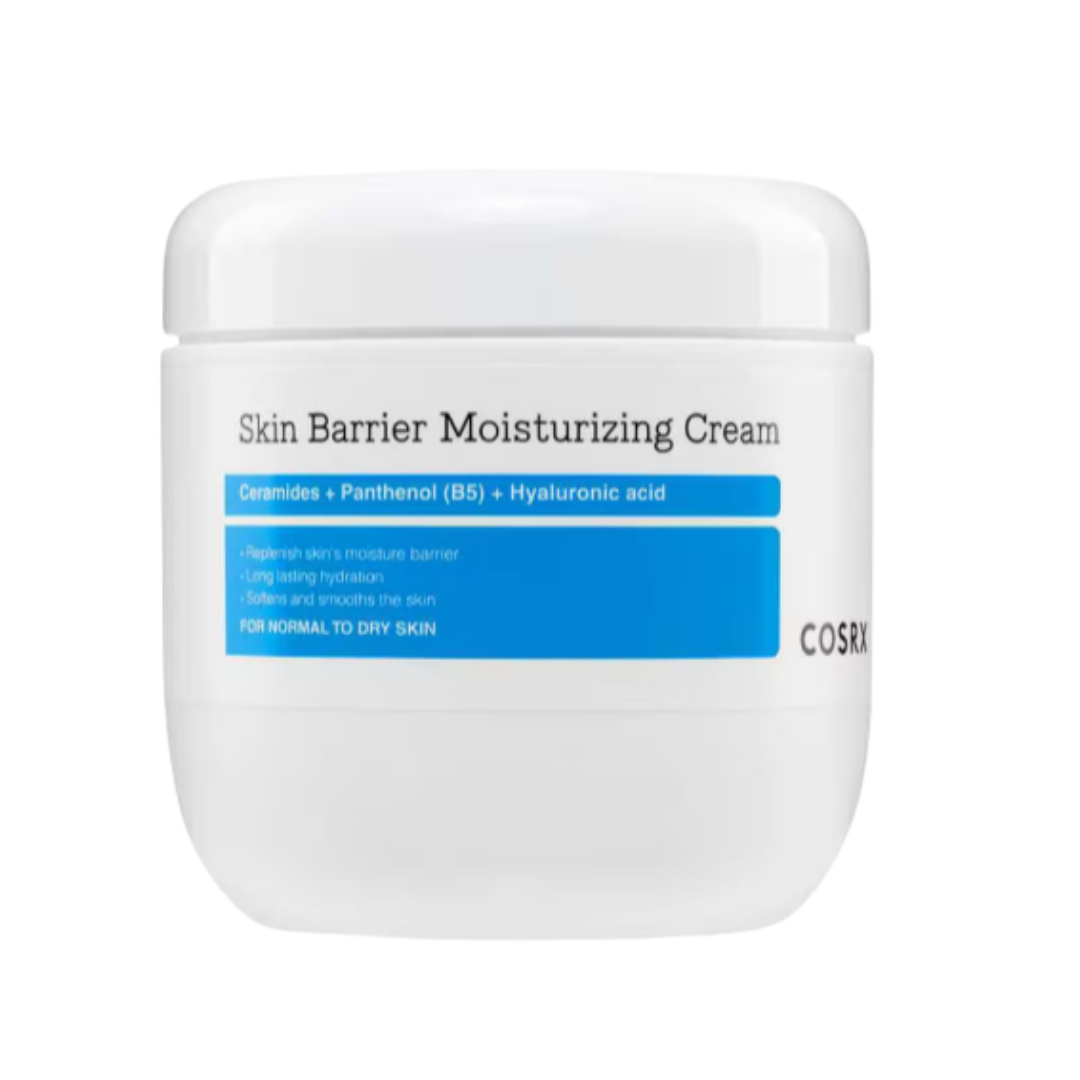 COSRX Skin Barrier Moisturizing Cream, 450 ml white jar with blue label and rounded lid.