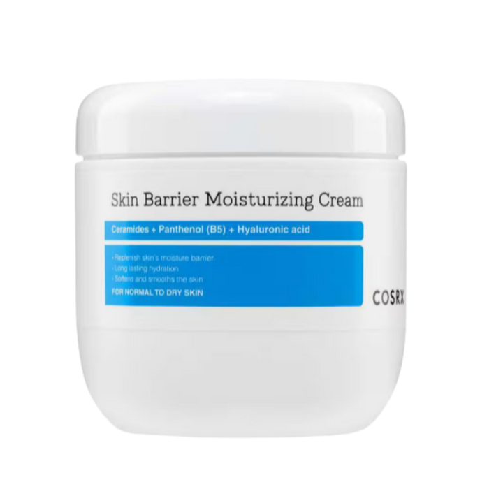 COSRX Skin Barrier Moisturizing Cream, 450 ml white jar with blue label and rounded lid.