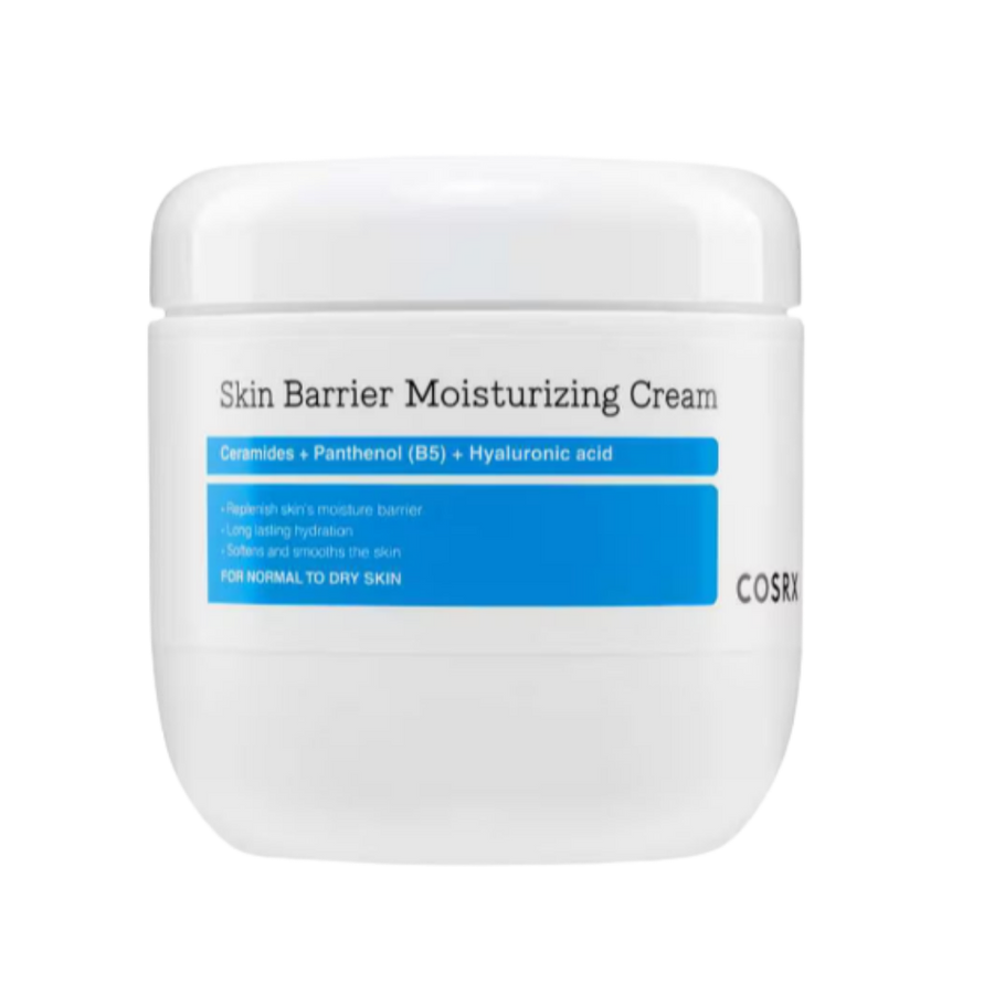 COSRX Skin Barrier Moisturizing Cream, 450 ml white jar with blue label and rounded lid.