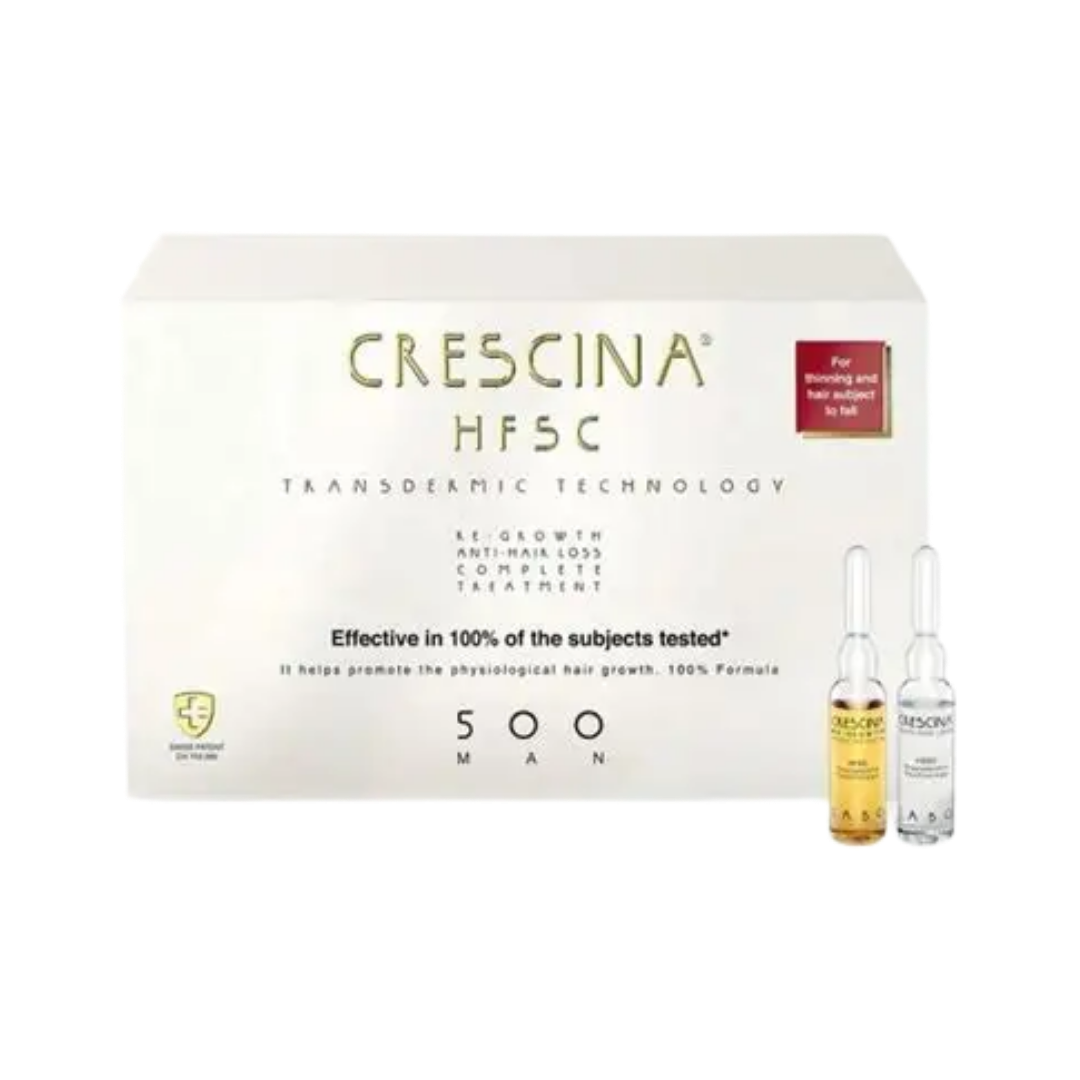 Crescina HFSC 500 Man hair treatment set, white rectangular box with gold accents and ampoules
