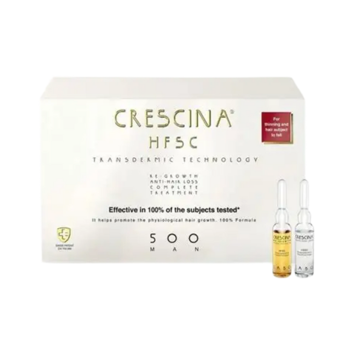 Crescina HFSC 500 Man hair treatment set, white rectangular box with gold accents and ampoules
