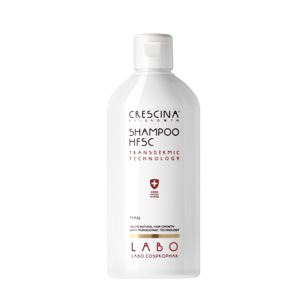 Crescina Re-Growth Shampoo HFSC for men in white plastic bottle with flip-top cap.

