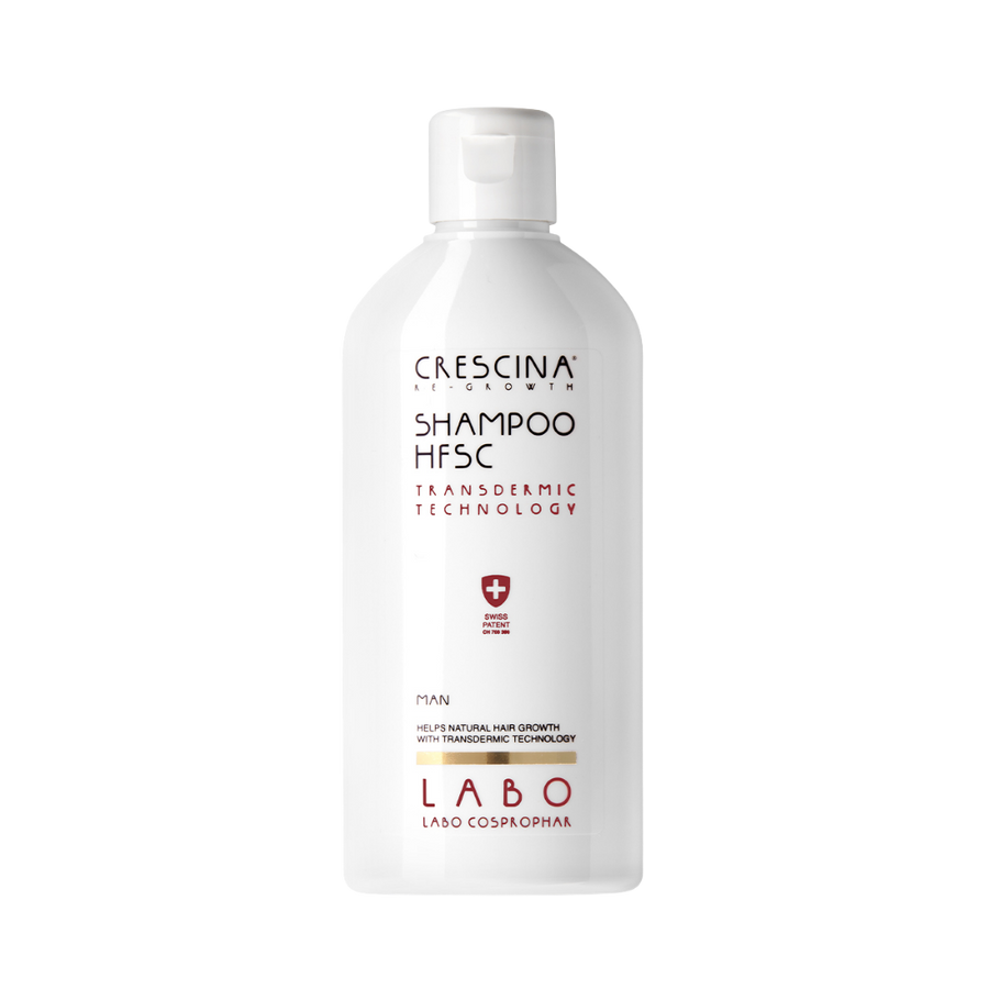 Crescina Re-Growth Shampoo HFSC for men in white plastic bottle with flip-top cap.
