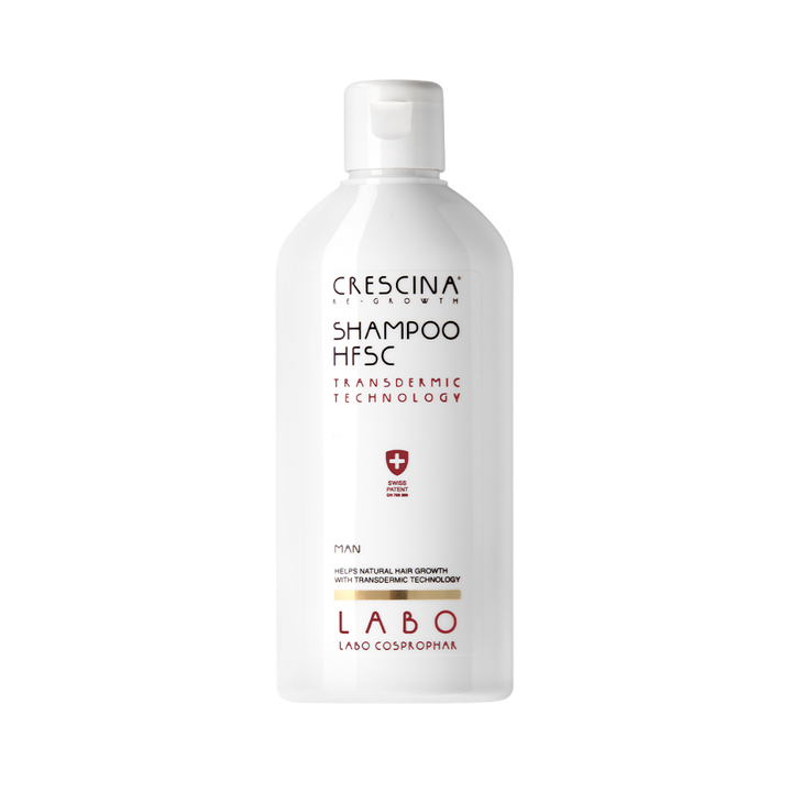 Labo Crescina HFSC shampoo for men, white plastic bottle with flip-top cap
