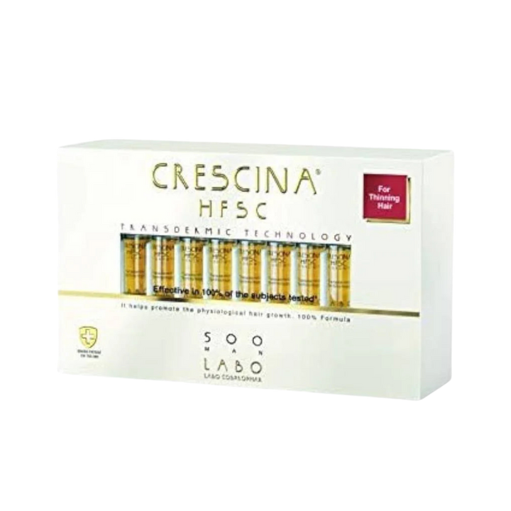 Crescina HFSC 500 Man hair treatment ampoules set, white rectangular box with gold accents
