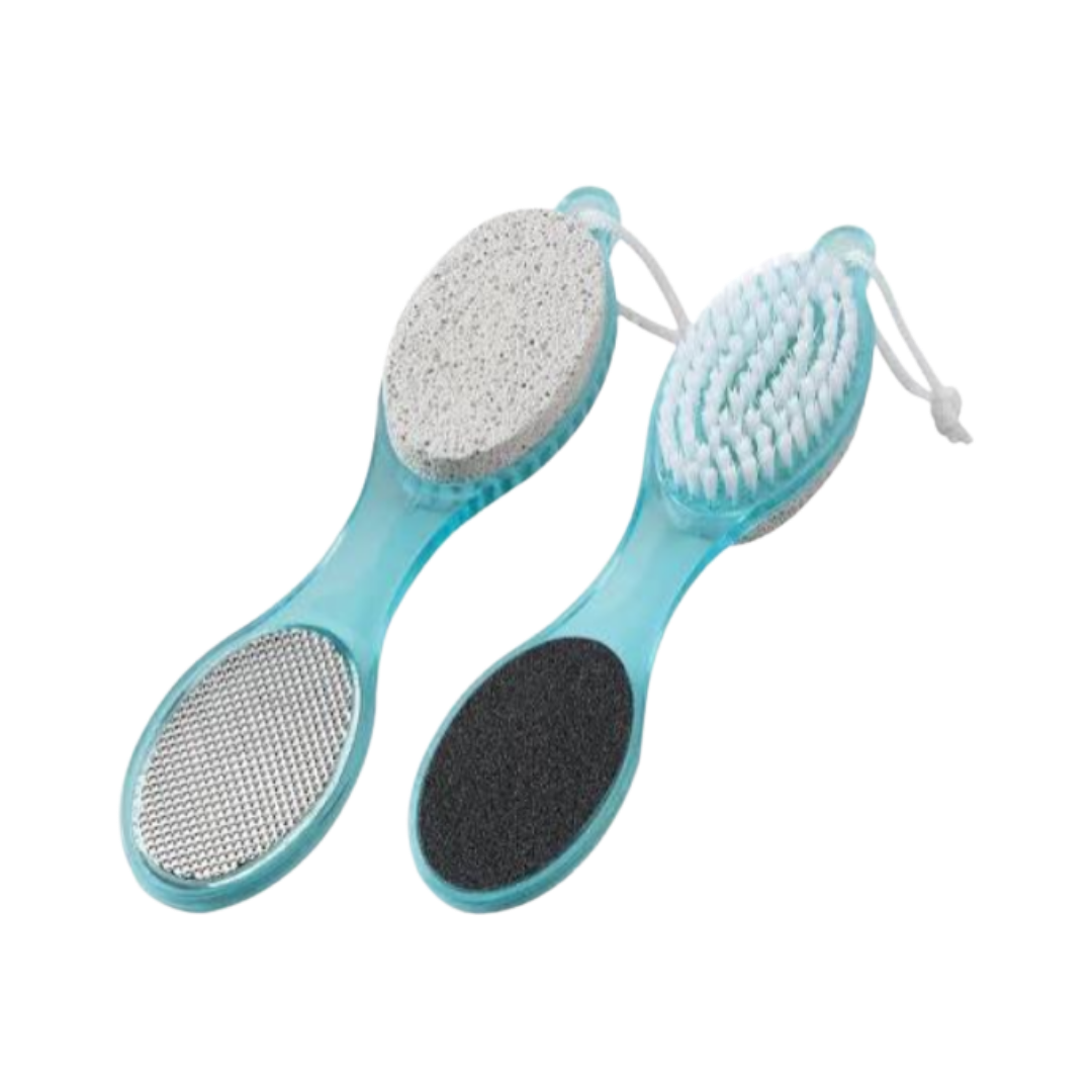 Four-in-one turquoise foot care tool with pumice stone, cleansing brush, metal file, and emery pad.