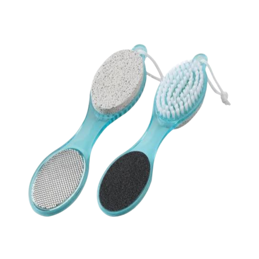Four-in-one turquoise foot care tool with pumice stone, cleansing brush, metal file, and emery pad.