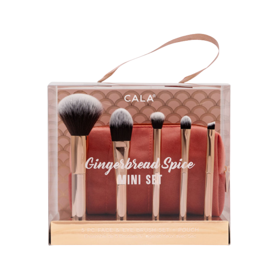 CALA 5 Piece Face & Eye Brush Set & Pouch, Gingerbread Spice Mini Set, includes 5 makeup brushes and a pouch.
