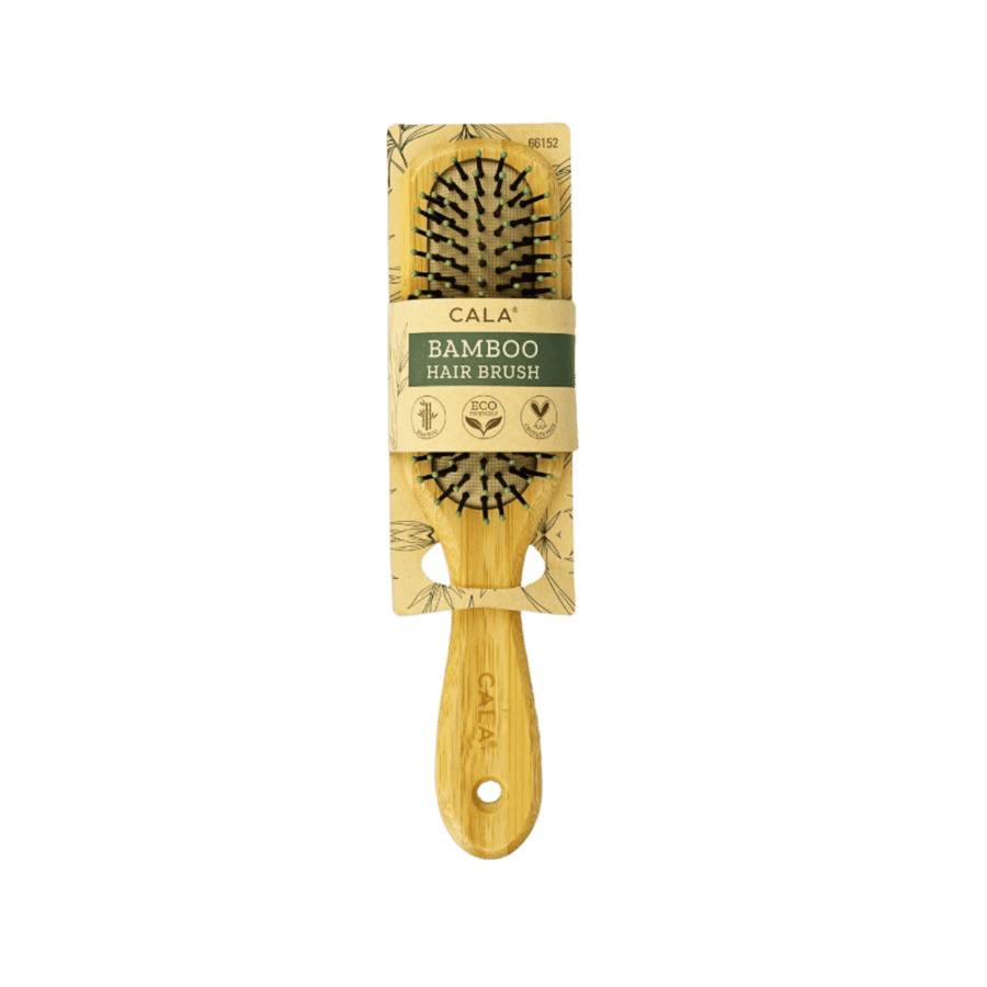 CALA bamboo hair brush with wooden handle, cushioned base, green-tipped bristles, and cardboard packaging.