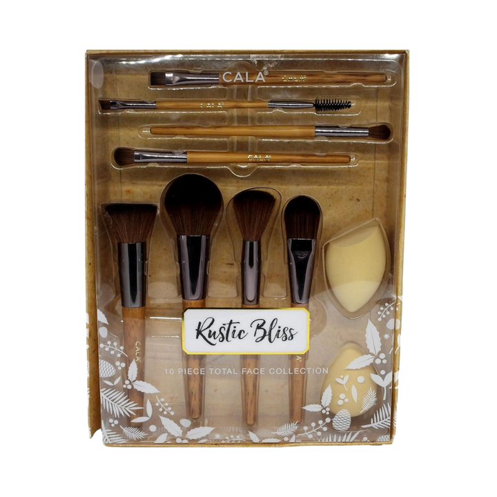 CALA Rustic Bliss 10-Piece Total Face Collection makeup brush set with bamboo handles and a makeup sponge.