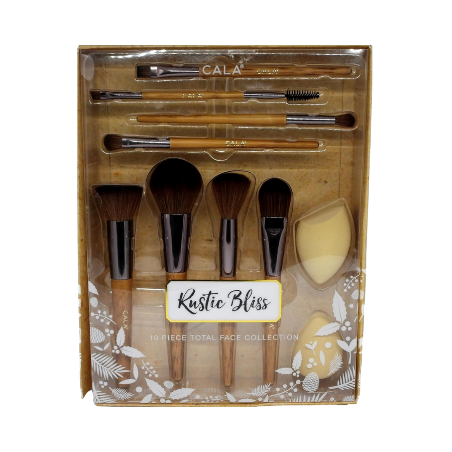 CALA Rustic Bliss 10-Piece Total Face Collection makeup brush set with bamboo handles and a makeup sponge.