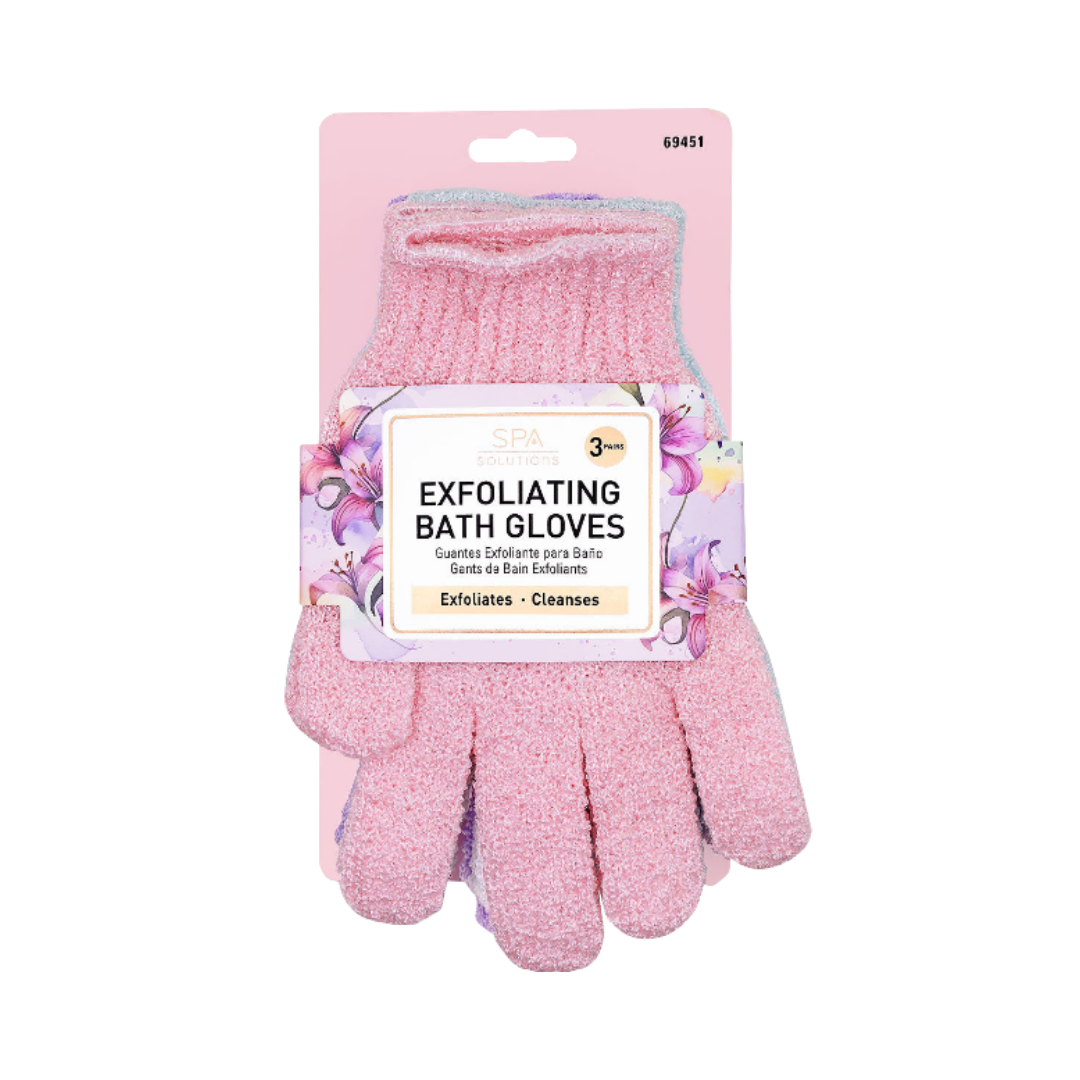 SPA Solutions Exfoliating Bath Gloves, set of 3 pairs, in pink, designed to exfoliate and cleanse the skin. The gloves are packaged with a floral label.