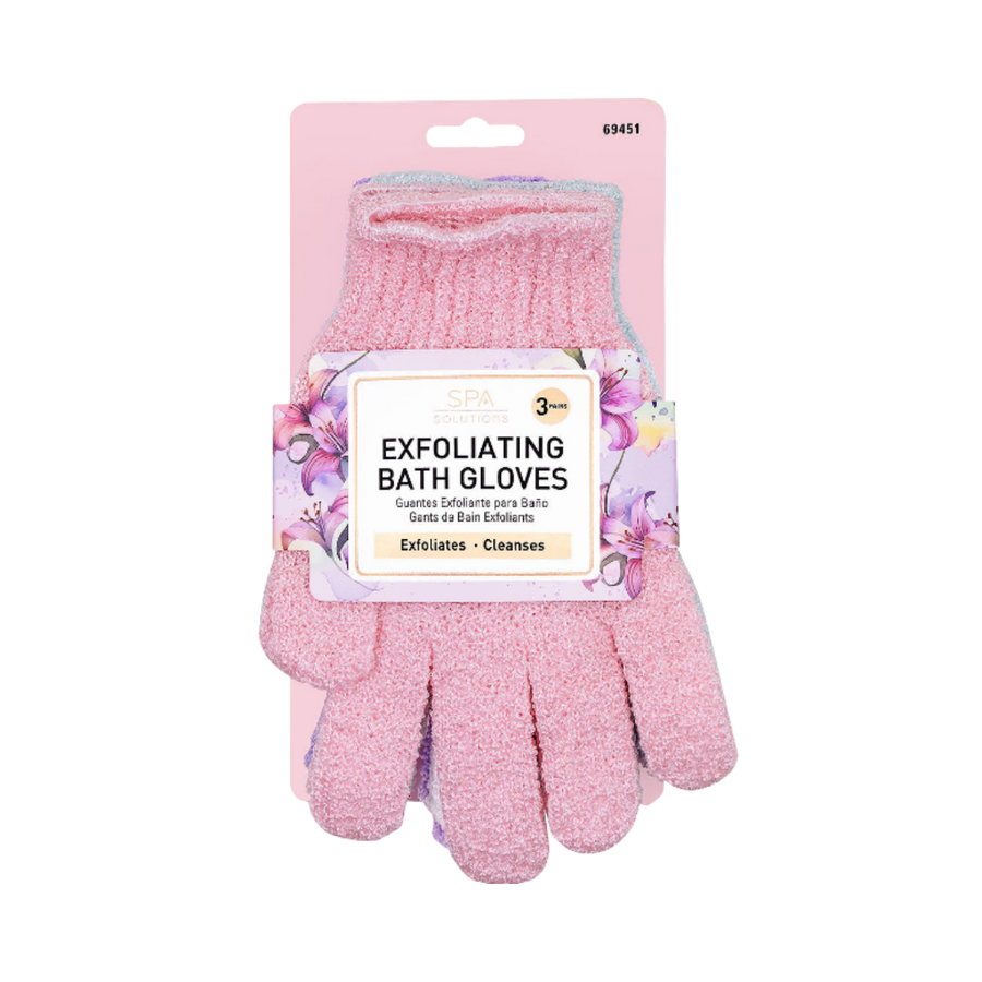 SPA Solutions Exfoliating Bath Gloves, set of 3 pairs, in pink, designed to exfoliate and cleanse the skin. The gloves are packaged with a floral label.
