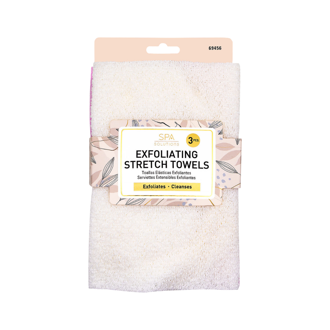 CALA Spa Solutions Exfoliating Stretch Towels, 3 pieces, cream color, retail card packaging.
