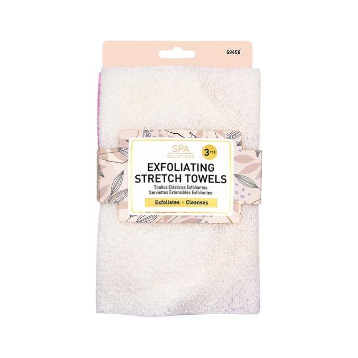 CALA Spa Solutions Exfoliating Stretch Towels, 3 pieces, cream color, retail card packaging.
