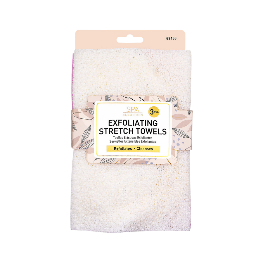 CALA Spa Solutions Exfoliating Stretch Towels, 3 pieces, cream color, retail card packaging.
