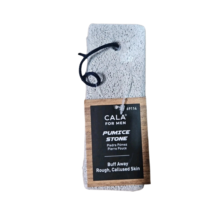 CALA For Men rectangular gray pumice stone with porous surface, black hanging cord, and product tag