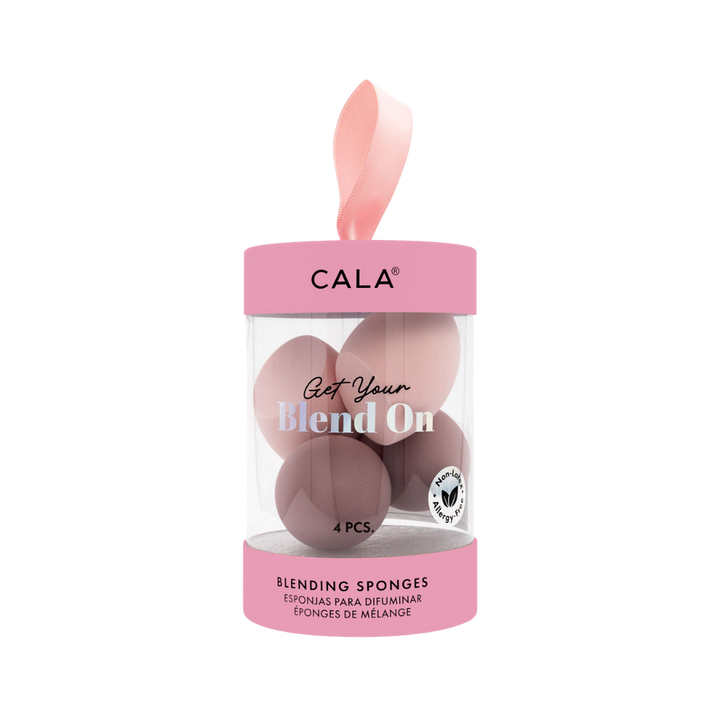 CALA Get Your Blend On blending sponges, 4 pieces, pink and mauve, clear cylinder container.
