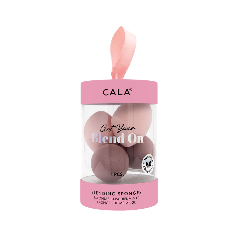 CALA Get Your Blend On blending sponges, 4 pieces, pink and mauve, clear cylinder container.
