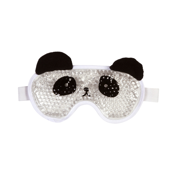 CALA panda eye mask with clear gel beads, black ears, white trim, and elastic strap.