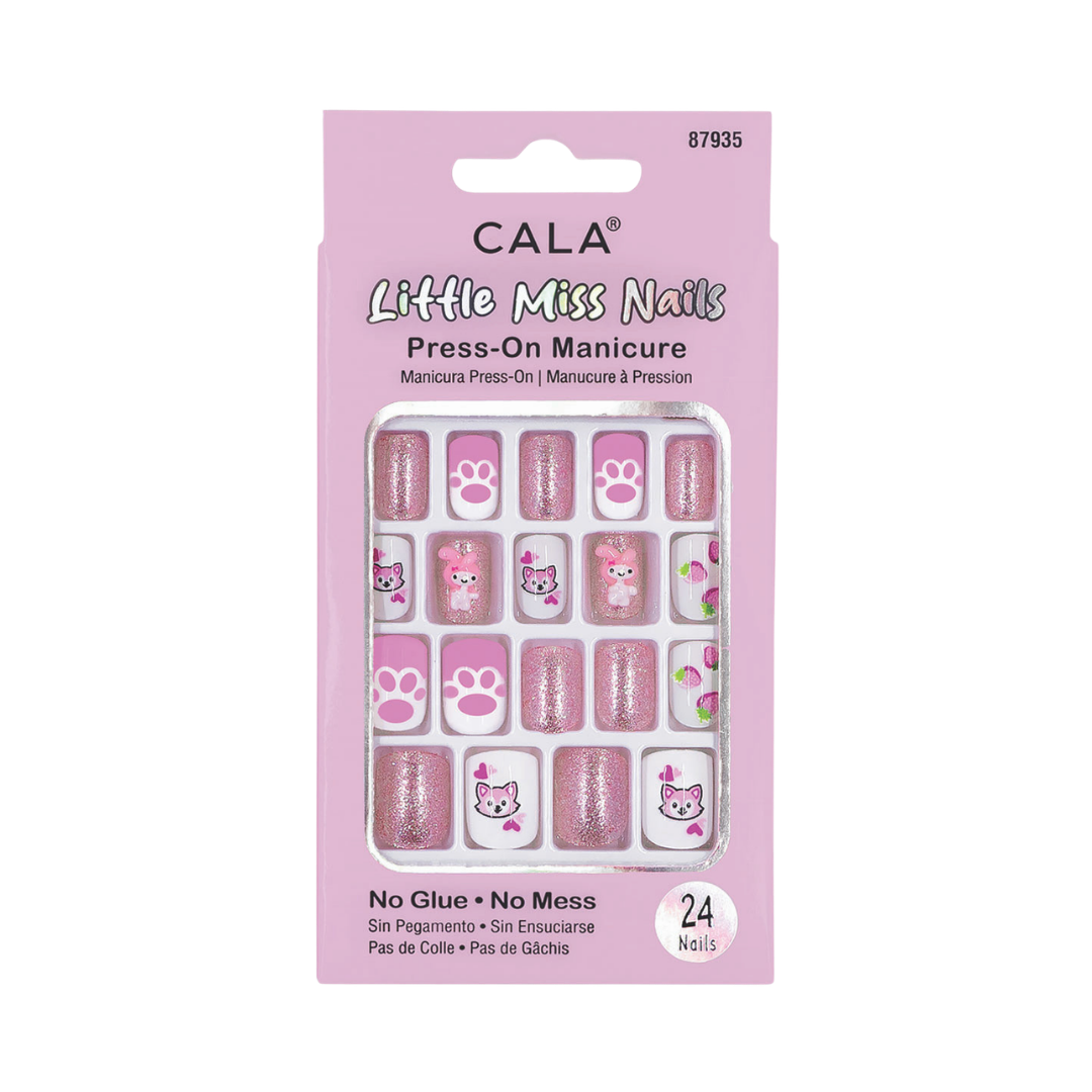 CALA Little Miss Nails Press-On Manicure set, 24 nails with pink, glitter, and cute animal designs. No glue required.
