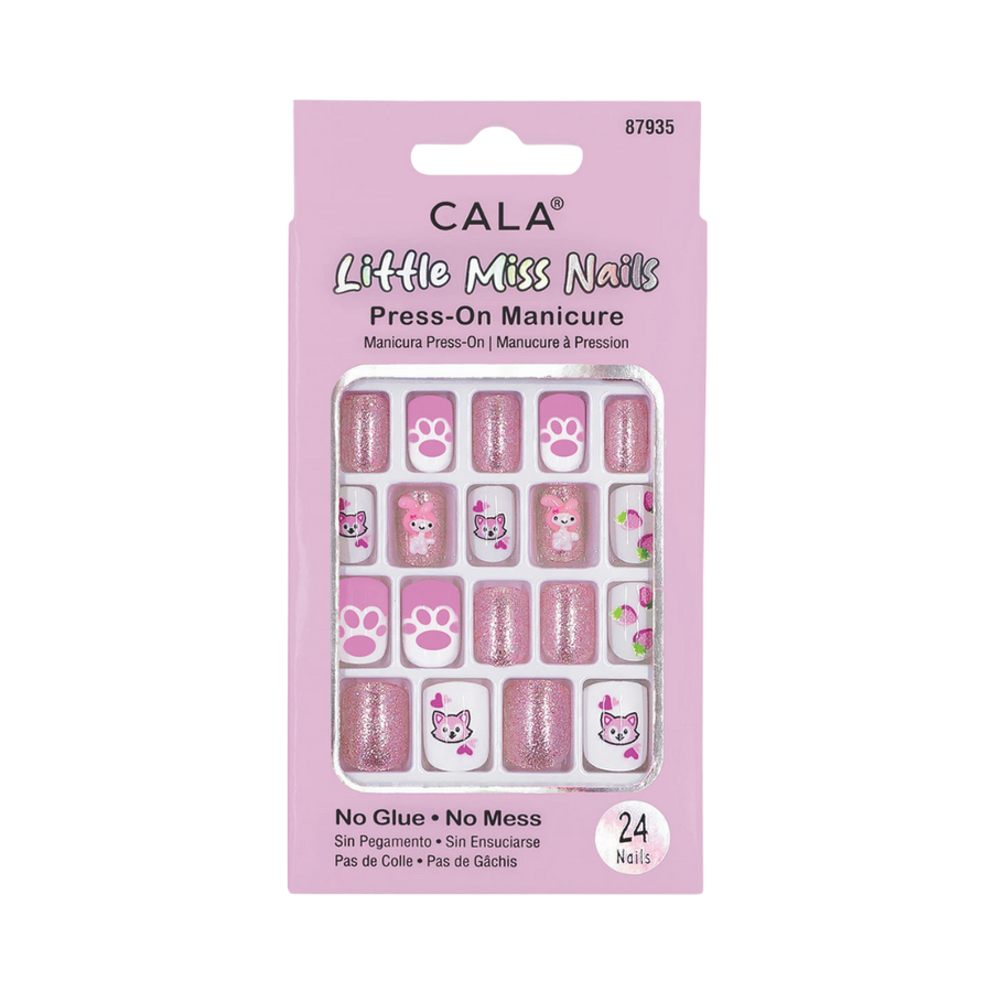 CALA Little Miss Nails Press-On Manicure set, 24 nails with pink, glitter, and cute animal designs. No glue required.