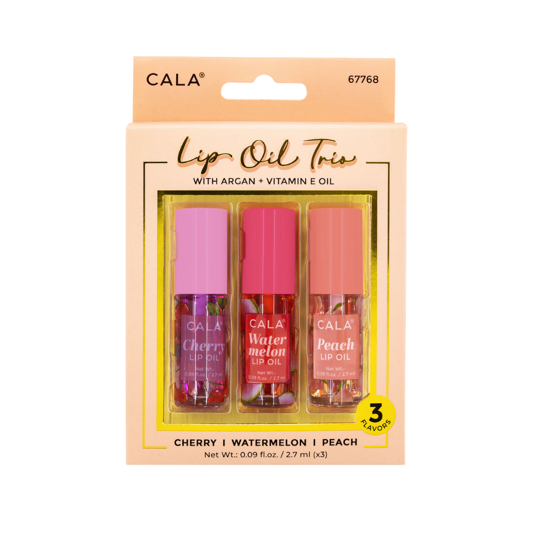 CALA Lip Oil Trio set, 3 flavors cherry watermelon peach, 2.7 ml each, boxed packaging.

