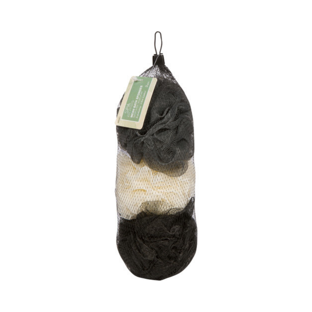 CALA three-piece mesh bath sponge set in black, white, and grey, packaged in black netting.