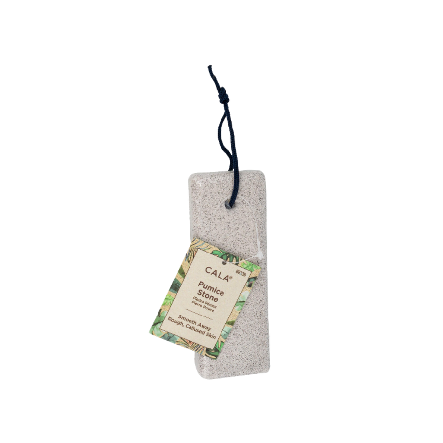 CALA rectangular pumice stone with rough gray surface, dark hanging cord, and botanical paper tag.