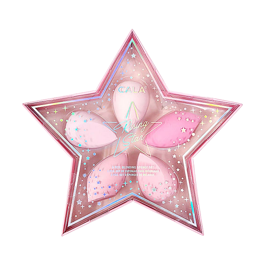 CALA Rising Star blending sponge set, 5 pieces, pink shades, star-shaped clear packaging.
