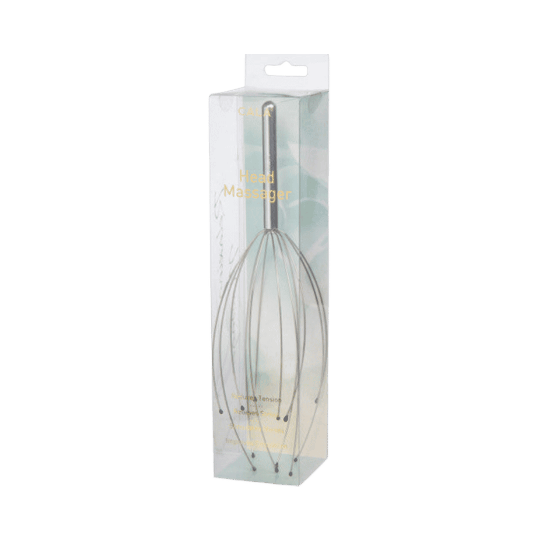 CALA head massager with silver handle and flexible wire prongs, packaged in clear rectangular box.