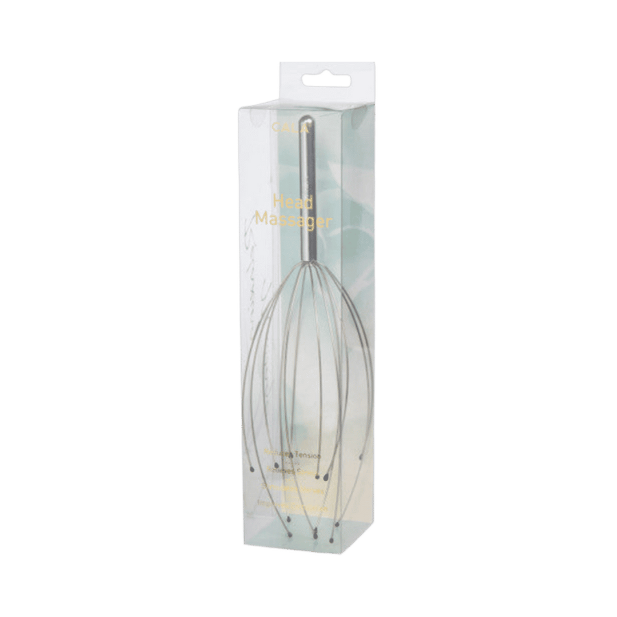 CALA head massager with silver handle and flexible wire prongs, packaged in clear rectangular box.