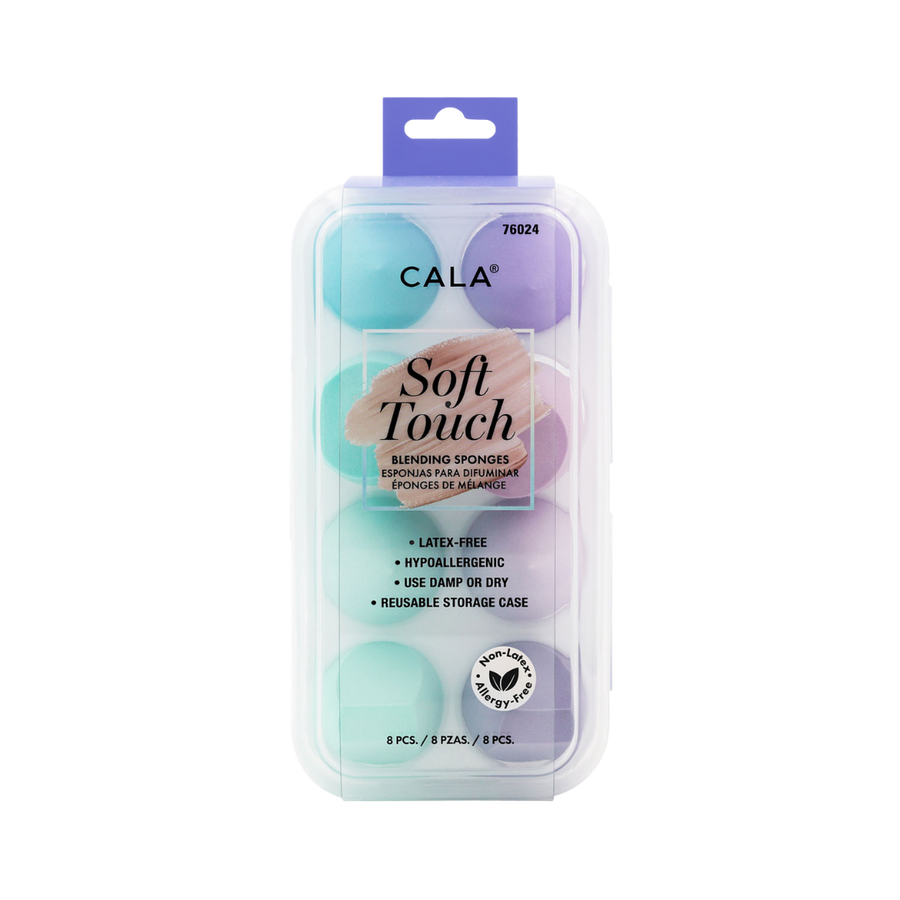 CALA Soft Touch blending sponges, 8 pieces, pastel colors, reusable clear storage case
