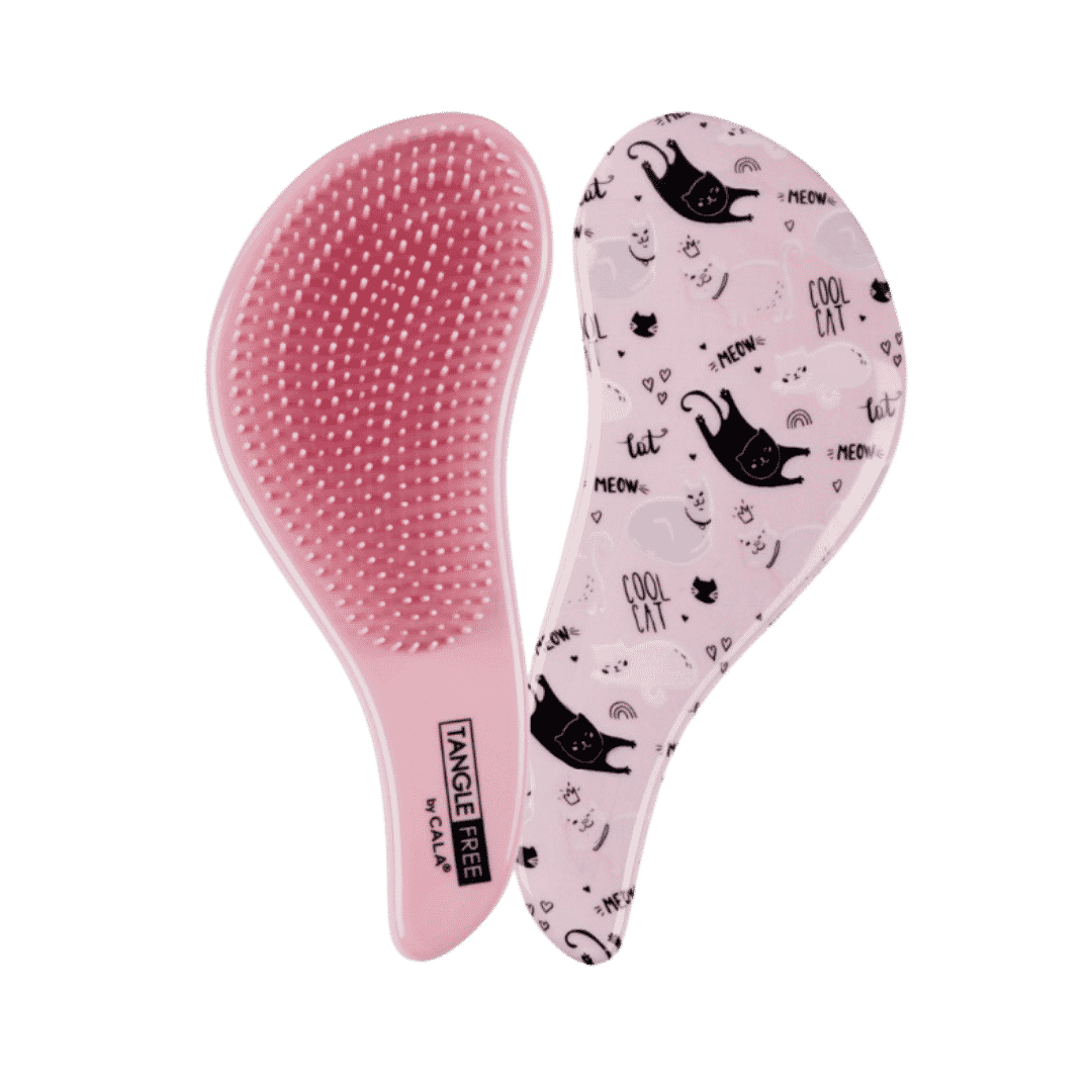 CALA Tangle Free detangling hairbrush, pink curved design with white-tipped bristles and colorful cat-print back.