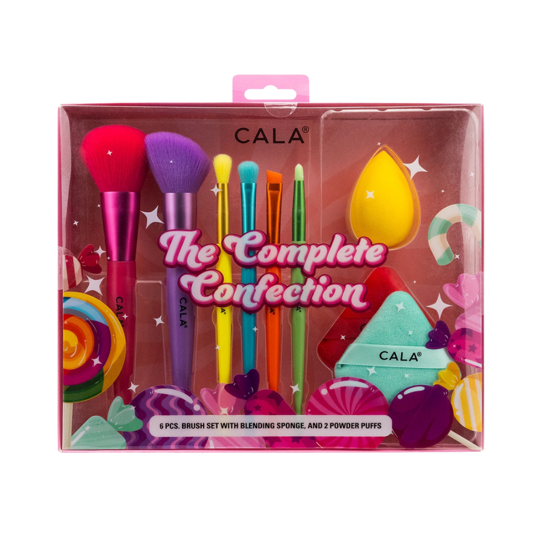 CALA The Complete Confection 6-piece makeup brush set with blending sponge and 2 powder puffs, featuring colorful handles.