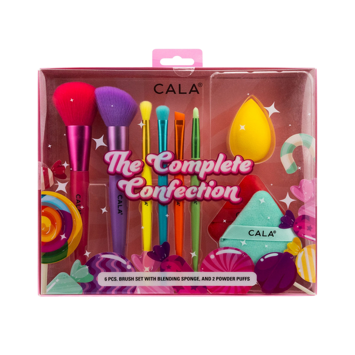 CALA The Complete Confection 6-piece makeup brush set with blending sponge and 2 powder puffs, featuring colorful handles.