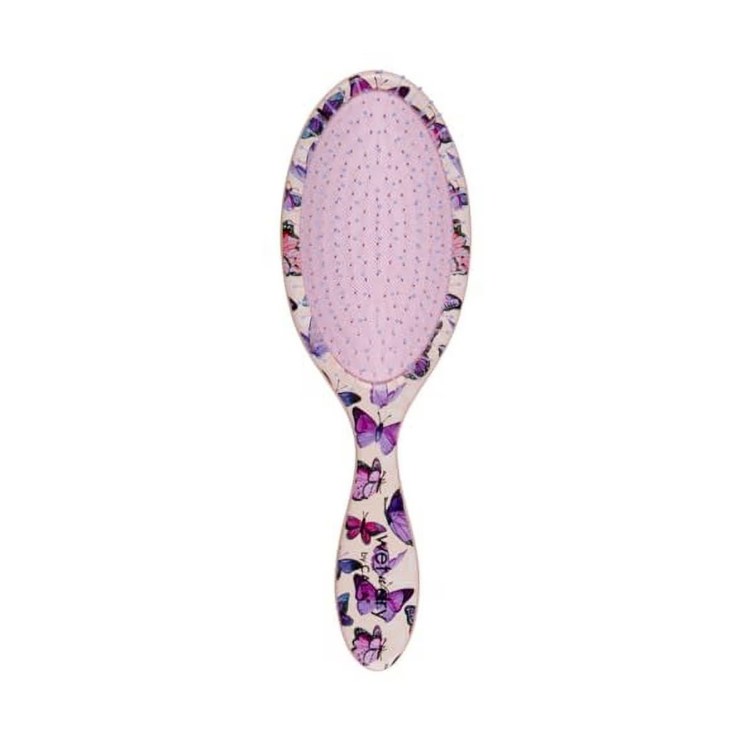 Cala Wet-N-Dry detangling hair brush with pink bristles and butterfly-patterned translucent handle